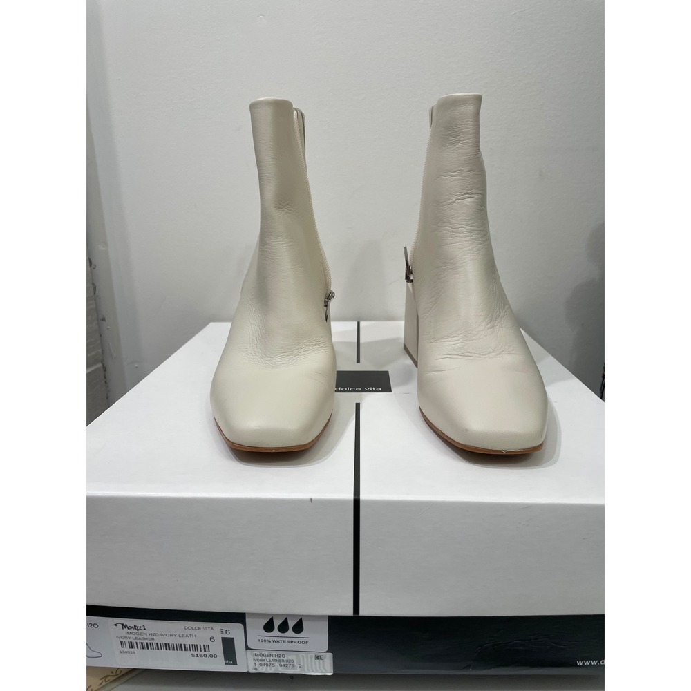 Dolce Vita Imogen H2O Ivory Leather Waterproof Square Toe Block Heel Boots 6